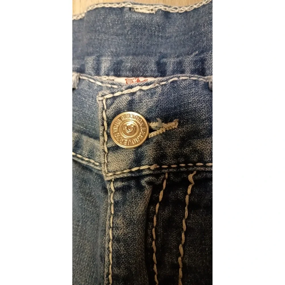 Size 33 True Religion Straight Leg Jeans Blue Thick White Contrast Stitch Flap
